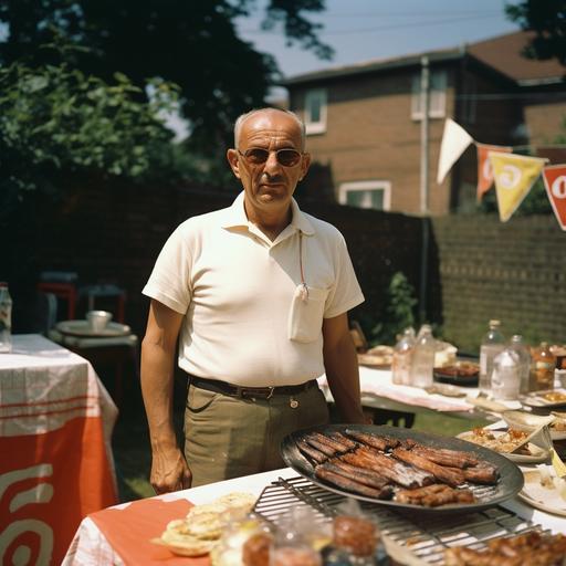 the year is 1969, a mafia looking italian man in his mid 60s, outside at a family bbq, a circle charcole bbq grill with sausages cooking on the grill, smoke is coming off the grill, folding tables with cheap looking table clothes and tin trays full of italian food spread out on the table, its a bright sunny day in july, there are a few clouds in the sky, this image is real, full of details and professional and relistic