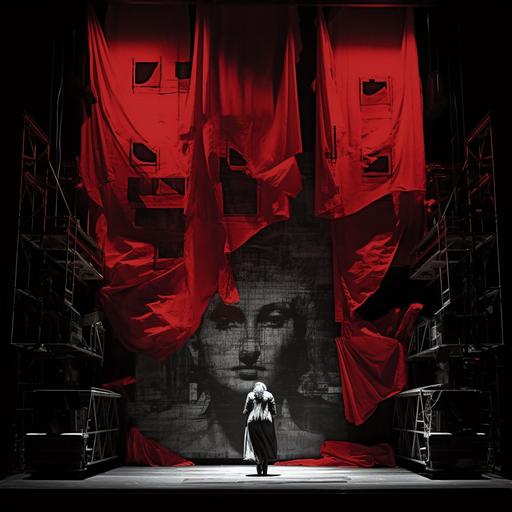 theater stage, dark red curtain, giant face in black and white photography style peaking from behind the curtain, on stage an architectural section drawing of four levels, a central figure inside the section, she is emotionally numb, her doupleganger scattered on different levels of the building, many light curtains in the interior of the building, transformative flexible structure design, overall style dark black and white, only the curtain red