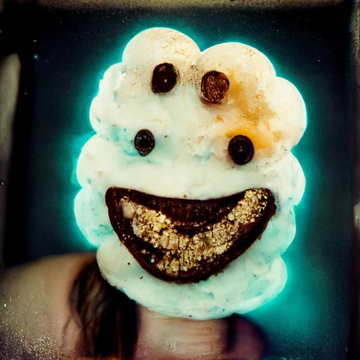 gorust portrait, 8k, unreal lights, polaroid paper, funny and smiley face, earing ice-cream
