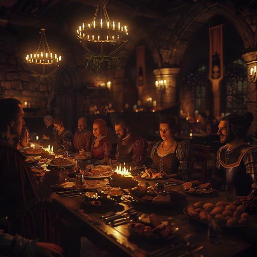 thecastle meal with family and guests, laughing and joking late into the night, realistic, cinematic, 4k