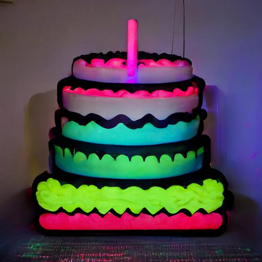 a vibrant neon birthday cake made out of code