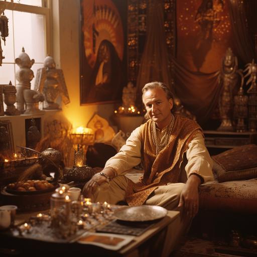 Setting: A warmly lit room with soft golden ambient lighting, with rich and elegant Indian decor. There might be subtle elements like traditional Indian paintings on the walls or a beautifully embroidered tablecloth on the table. Andrew Tate's Position and Attire: Andrew Tate is seated on an ornate wooden chair with intricate Indian carvings. He's dressed in a traditional Indian kurta-pajama. The kurta is a deep shade of blue with subtle golden embroidery around the neckline and cuffs. The pajama is white, complementing the kurta. He's also wearing a pair of brown leather mojaris (traditional Indian shoes). His hair is styled as usual, and he might have a slight stubble on his face. Around his neck, there is a light gold chain with a small pendant. On his wrist, he's wearing a golden kada (an Indian bracelet). Facial Expression and Pose: Andrew Tate has a slight, confident smile on his lips as if he's eagerly anticipating the meal before him. One of his hands is holding a spoon, poised just above a plate of Biriyani, while the other hand rests on the table. The Food: In front of him, there's a large ornate plate filled with steaming hot Biriyani. One can see the different layers of the dish, with rice, chunks of meat, and garnishing. There are also small bowls containing side dishes common to Biriyani, like raita (yogurt dip) and a slice of lemon. Beside the plate, there's a glass filled with a cold beverage, perhaps a traditional Indian drink like lassi or a soft drink. You can feed this detailed description into a suitable image generation model or use it as a guide for an artist to create the desired image.
