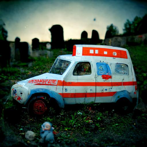 toy ambulance in an old graveyard