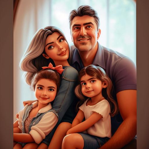 there is a father and mother, a little sister and a big sister, 24 years for the big sister, high quality, cartoon super héros style, beautiful faces
