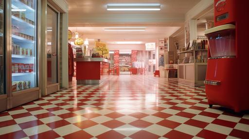 there's a red and white checkered floor that is brand new and sparkling clean. --ar 16:9