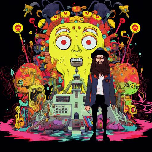 these two characters  in front of DJ decks and Live audio equipment, surrounded by colorful flowers, psychedelic tour poster, trippy cartoon style