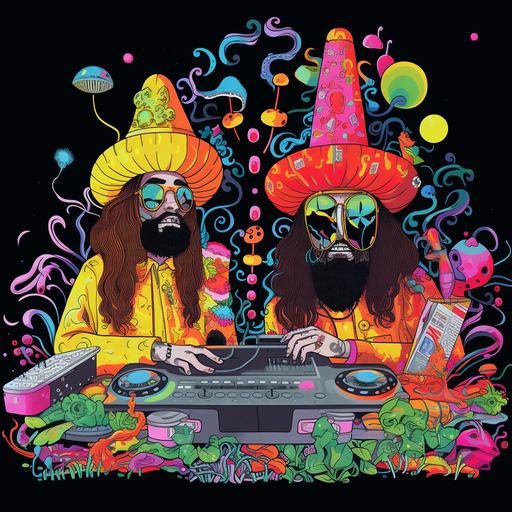 these two characters  in front of DJ decks and Live audio equipment, surrounded by colorful flowers, psychedelic tour poster, trippy cartoon style