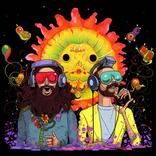 these two characters  , one is shaven, one has a beard, in front of DJ decks and Live audio equipment, surrounded by colorful flowers, psychedelic tour poster, trippy cartoon style