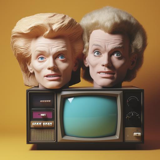 these two heads sitting on an 80s tv set, 1980s, 1990s, one bright blond one dark blond, crazy --v 5
