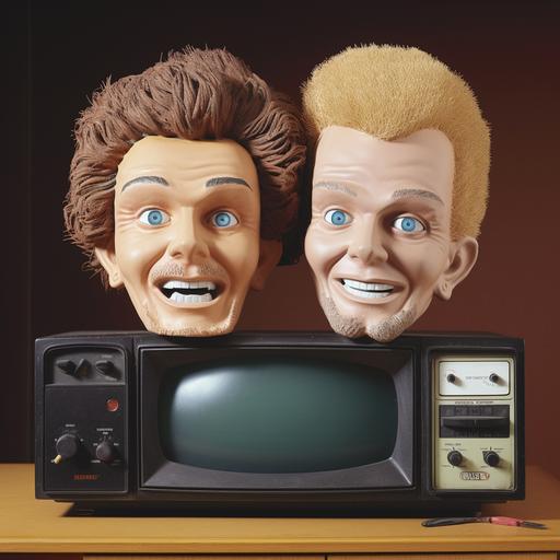 these two heads sitting on an 80s tv set, 1980s, 1990s, young heads, celebrity smile, puppet heads, model heads --v 5