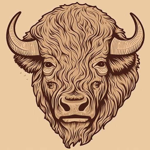 thick line no shading wood cut of front facing friendly bison cartoon style low detail --v 5.0