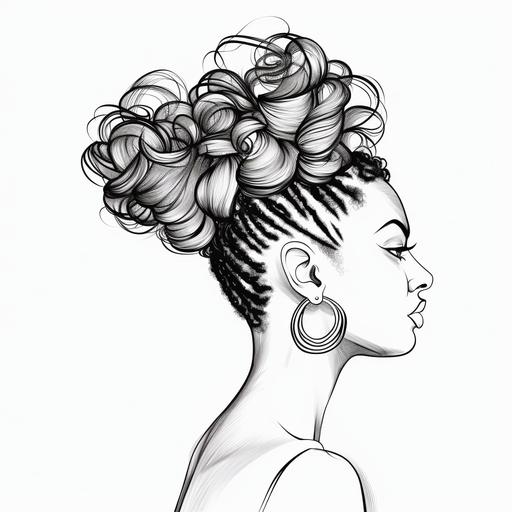 thin Black line no color dark line drawing no line fill no shaded lines of African American woman side view wearing glasses outline of white colored fill in on top knot braided high bun