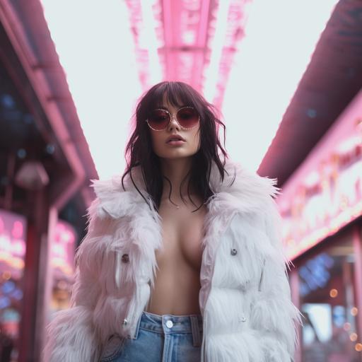 thin body, full height, dressed in a white fur coat, in the background the street of Las Vegas, pink neon light, money rain, virtual reality glasses, cyberpunk, hyperrealism