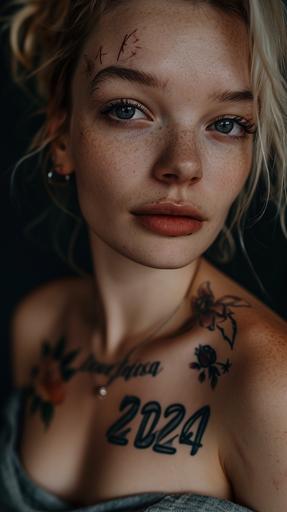 thin woman with beautiful face and blonde hair, tattoo of 