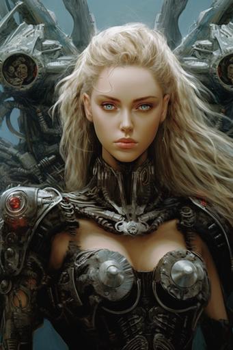 third person games are inferior, full body, beautiful female wearing armor, fantasy art by Royo Brom and Giger --c 30 --ar 2:3 --v 5.1