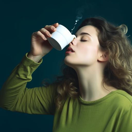 thirsty woman trying to drink the last sip of the coffee from the mug, green tone, 4k