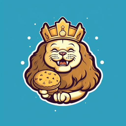 this 2d minimalistic and a simple logo of a lion eating cookie with crown over his head and eating a cookie with a smile: