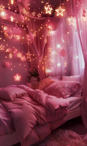 this bedroom is decorated in pink with some stars hanging from ceiling, in the style of retrowave, realistic textures, monochromatic tones, glowing colors, dotted, multilayered, serene and tranquil scenes --ar 19:32