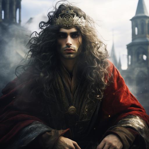 this character in red and blue robes, wearing elaborate crown, medieval city setting behind, hyper realistic