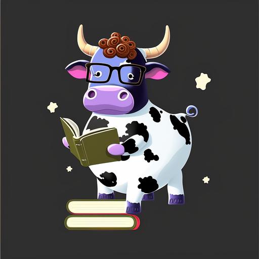 this cow with glasses and a book in his hands; color purple; cute cartoon; character; 2D vector