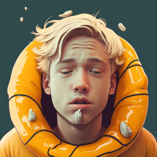this image:  as a 3d realistic anime character with slick golden blonde hair and he is wearing a yellow hoody. He is making a kissy face with eyes shut. Seashells on life preserver. Make 8k render realistic image quality