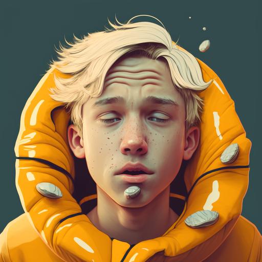this image:  as a 3d realistic anime character with slick golden blonde hair and he is wearing a yellow hoody. He is making a kissy face with eyes shut. Seashells on life preserver. Make 8k render realistic image quality