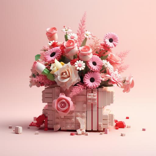 this lego gift is for someone special, in the style of floral surrealism, vray, light red and light pink, 20 megapixels, orderly arrangements, hyperrealistic illustrations, the bechers' typologies