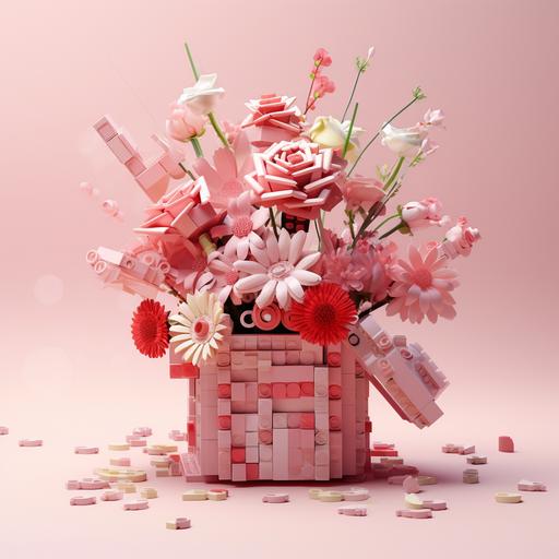 this lego gift is for someone special, in the style of floral surrealism, vray, light red and light pink, 20 megapixels, orderly arrangements, hyperrealistic illustrations, the bechers' typologies