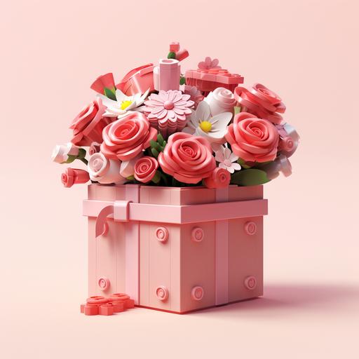 this lego gift is for someone special, in the style of floral surrealism, vray, light red and light pink, 20 megapixels, orderly arrangements, hyperrealistic illustrations, the bechers' typologies