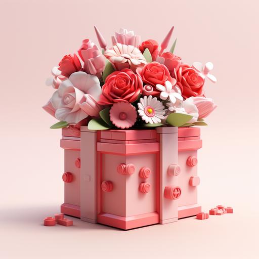 this lego gift is for someone special, in the style of floral surrealism, vray, light red and light pink, 20 megapixels, orderly arrangements, hyperrealistic illustrations, the bechers' typologies