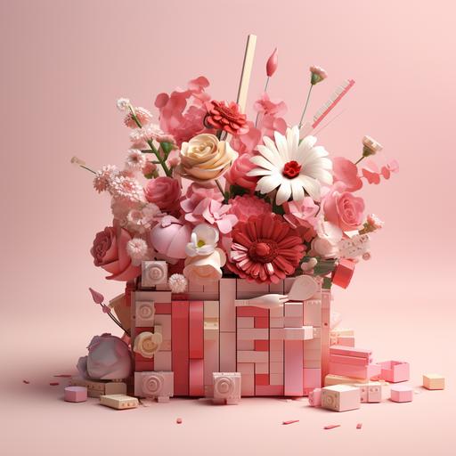 this lego gift is for someone special, in the style of floral surrealism, vray, light red and light pink, 20 megapixels, orderly arrangements, hyperrealistic illustrations, the bechers' typologies