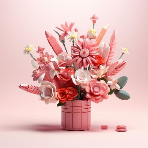 this lego gift is for someone special, in the style of floral surrealism, vray, light red and light pink, 20 megapixels, orderly arrangements, hyperrealistic illustrations, the bechers' typologies