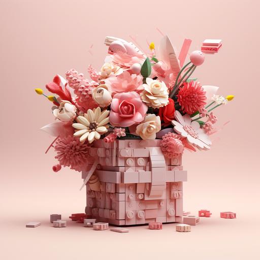 this lego gift is for someone special, in the style of floral surrealism, vray, light red and light pink, 20 megapixels, orderly arrangements, hyperrealistic illustrations, the bechers' typologies