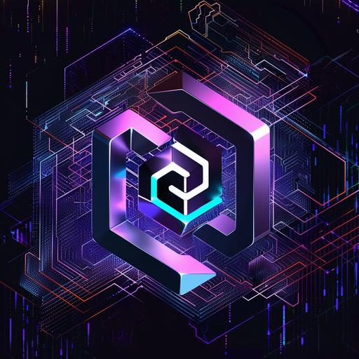 this logo as a 3D logo showing tech and futuristic vibes with background that looks like it is in the digital space, purple and blue overlays and black