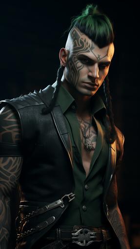 this male elf with tribal tattoos on his face black hair green streaks shaved sides a long braid in the back wearing a black pinstriped business suit, dynamic pose, full body portrait, diablo 4 style, low angle, Kodak, 8k --ar 9:16