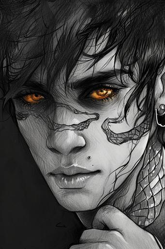 this man  with with dragon scales on his face like this:  black and white illustration of a man with short hair, pencil drawing, fantasy art on textured paper, fantasy comic style --ar 2:3 --v 6.0