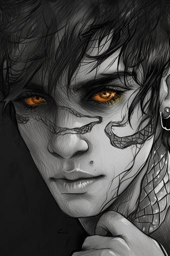 this man  with with dragon scales on his face like this:  black and white illustration of a man with short hair, pencil drawing, fantasy art on textured paper, fantasy comic style --ar 2:3 --v 6.0