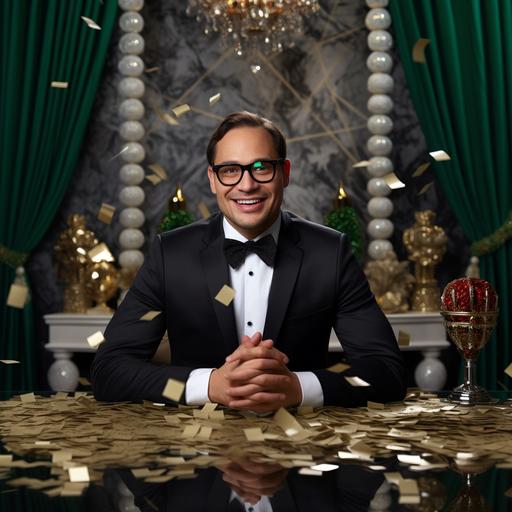 this man in a new year background , kind smile, black framed glasses, table covered with money and diamonds
