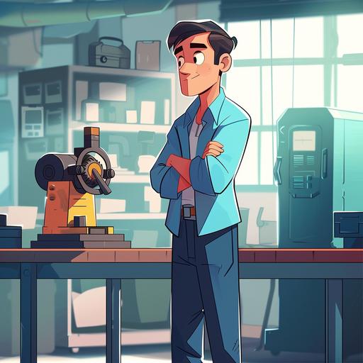 this man working in a tools factory, 2D cartoon style