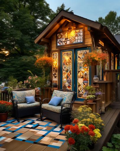 this outdoor patio features a wooden house and cube flower boxes, in the style of intricate, whimsical details, dark green and light amber, midwest gothic, dark beige and blue, bold patterned quilts upholstery, wood veneer mosaics, strong diagonals --ar 23:29