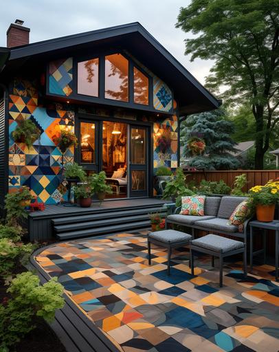 this outdoor patio features a wooden house and cube flower boxes, in the style of intricate, whimsical details, dark green and light amber, midwest gothic, dark beige and blue, bold patterned quilts upholstery, wood veneer mosaics, strong diagonals --ar 23:29