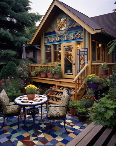 this outdoor patio features a wooden house and flower boxes, in the style of intricate, whimsical details, dark green and light amber, midwest gothic, dark beige and blue, bold patterned quilts upholstery, wood veneer mosaics, strong diagonals --ar 23:29