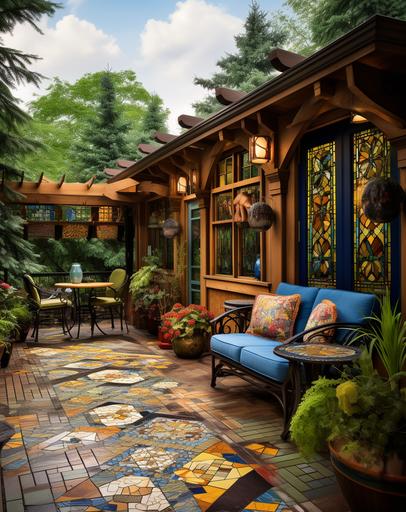 this outdoor patio features a wooden house and flower boxes, in the style of intricate, whimsical details, dark green and light amber, midwest gothic, dark beige and blue, bold patterned quilts upholstery, wood veneer mosaics, strong diagonals --ar 23:29 --v 5.2