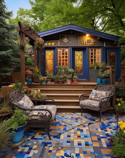 this outdoor patio features a wooden house and flower boxes, in the style of intricate, whimsical details, dark green and light amber, midwest gothic, dark beige and blue, bold patterned quilts upholstery, wood veneer mosaics, strong diagonals --ar 23:29