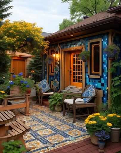 this outdoor patio features a wooden house and flower boxes, in the style of intricate, whimsical details, dark green and light amber, midwest gothic, dark beige and blue, bold patterned quilts upholstery, wood veneer mosaics, strong diagonals --ar 23:29 --v 5.2