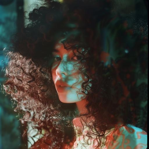 this person has big curly hair, in the style of dark reflections, webcam, hannah yata, y2k aesthetic, mirror, smartphone footage, vintage cut-and-paste