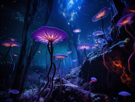 this photo captures bioluminescence creatures that live in Hang Son Doong, showcasing its breathtaking colors, midnight, purple hour, 70mm, NatGeo Wild --ar 4:3 --style raw