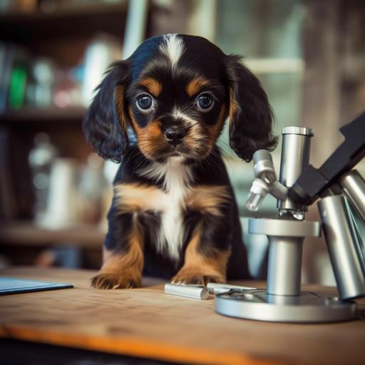 this puppy as a serious scientist looking in a microscope at fleas?