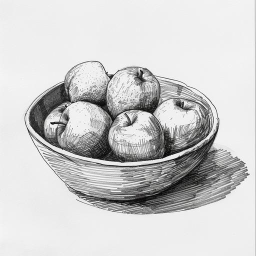 this should create decent srefs a simple black micron pen single hatching light dark study of a bowl of fruit, dichromatic black and white, scribble line contour drawing --v 6.0 --style raw