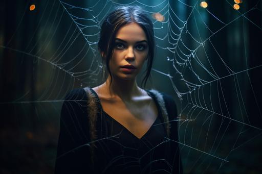 this woman stands in front of a forest, mystical forest, night, spiders web, the middle ages, Canon EOS 5D Mark IV DSLR, f/1.8, ISO 100, 1/250 second --ar 3:2 --v 5.1 --q 2 --upbeta